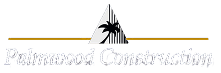 The logo for palmwood construction is a triangle with a palm tree on it.