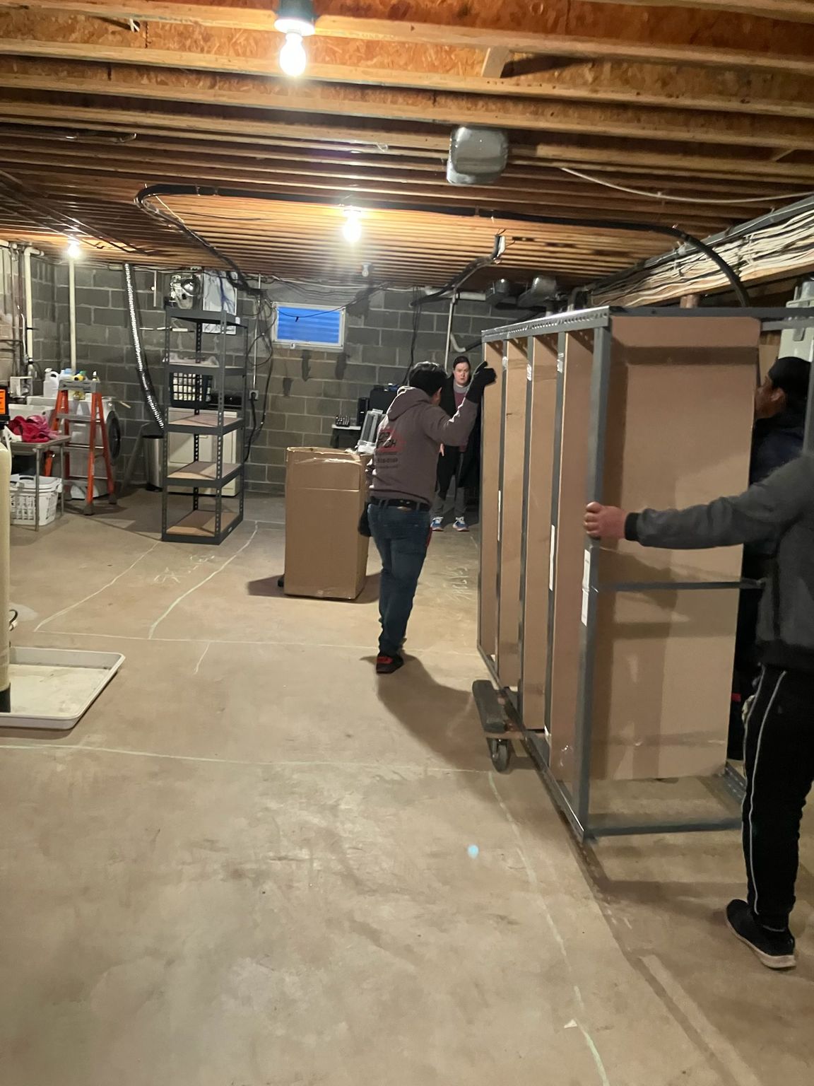 A group of people are moving boxes in a basement.