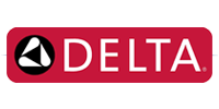 Delta logo in white on a red rectangular background with a black circular icon on the left