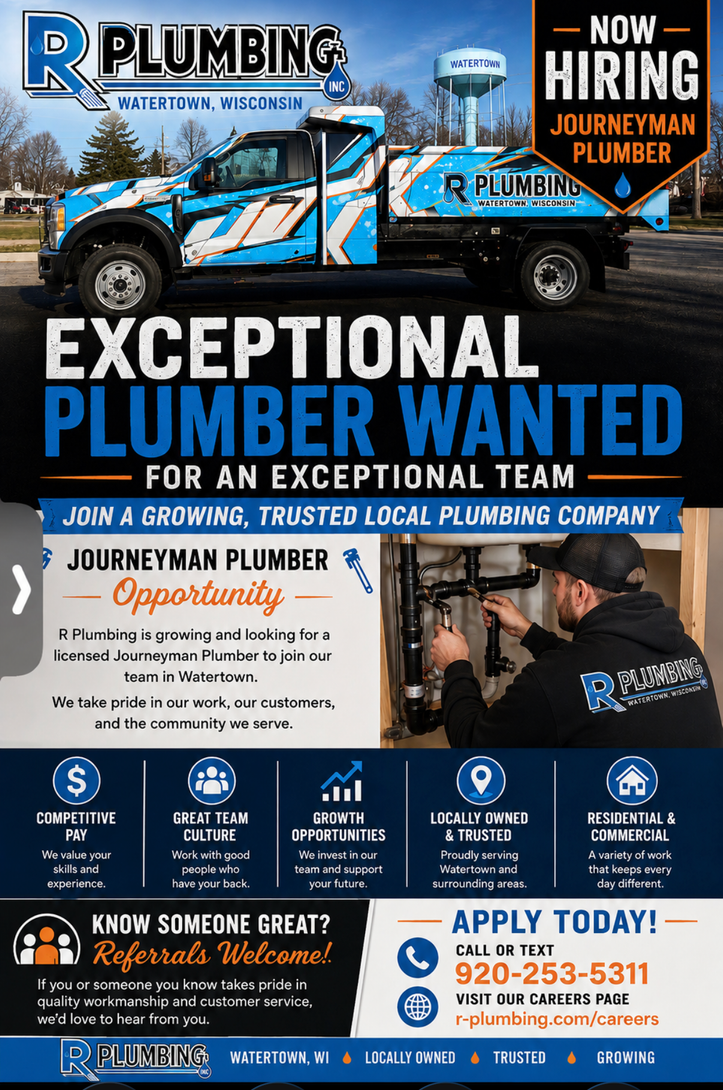 R Plumbing hiring poster with blue truck, Exceptional Plumber Wanted, and contact details at bottom