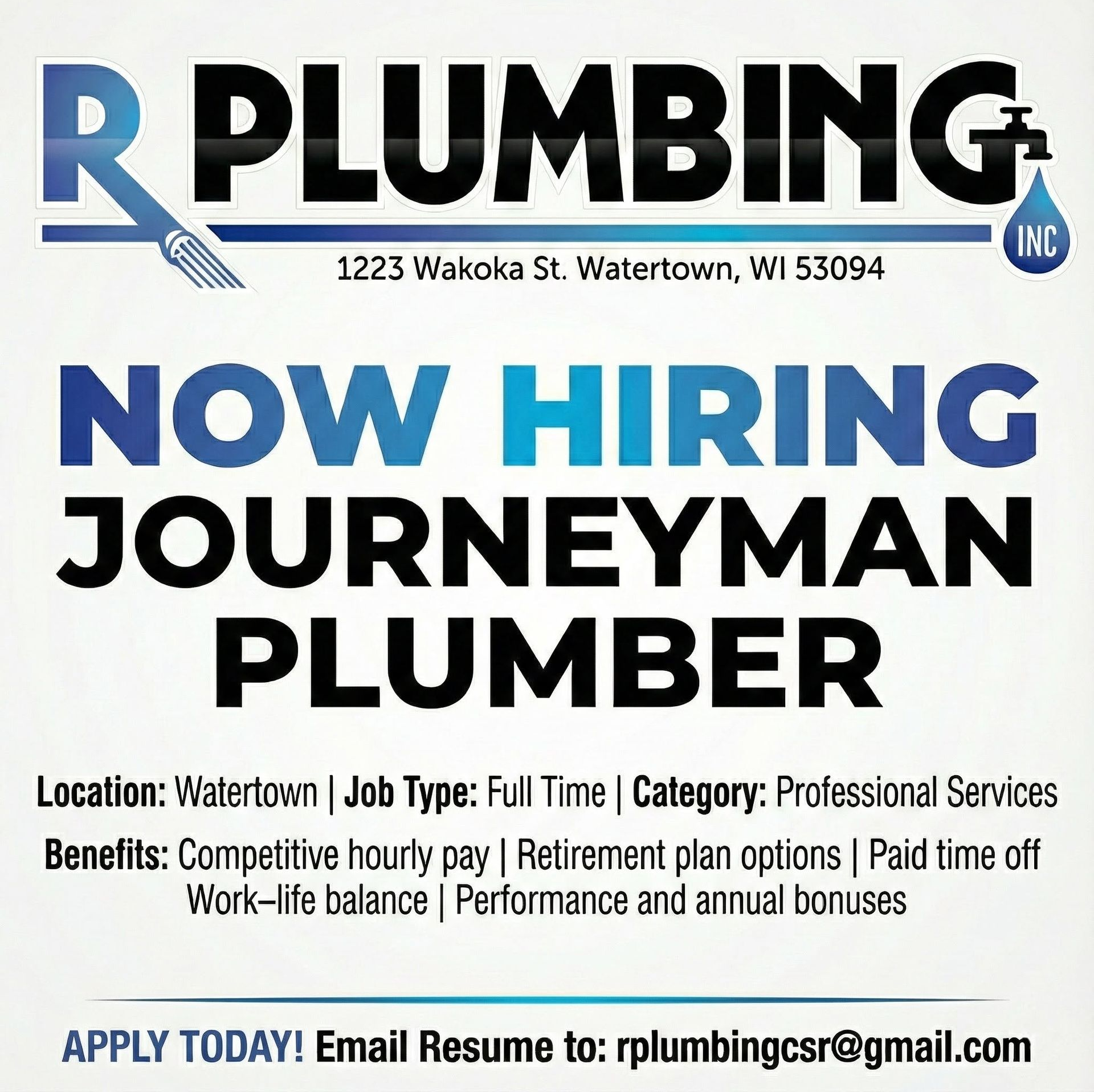 R Plumbing hiring for journeyman plumber.