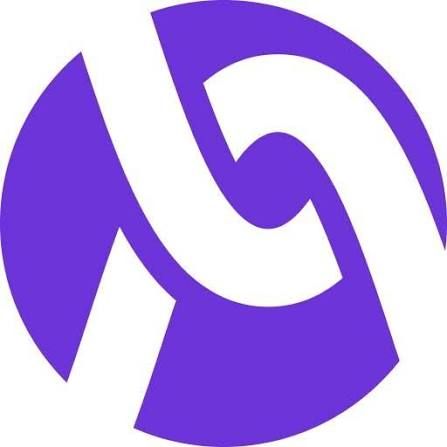 Purple abstract logo with a white curved swirl on a white background
