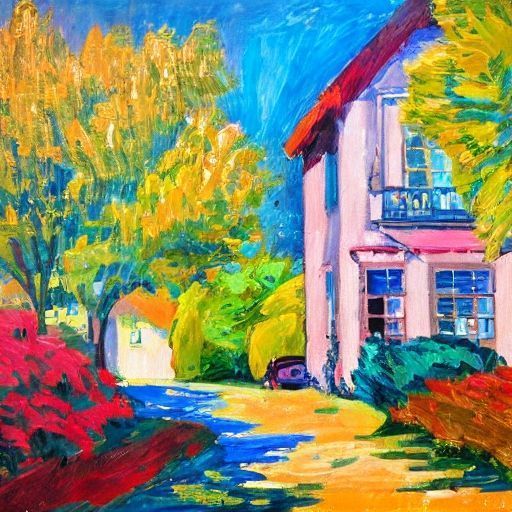 A colorful painting of a house with lush garden, trees in autumn, and a blue sky.