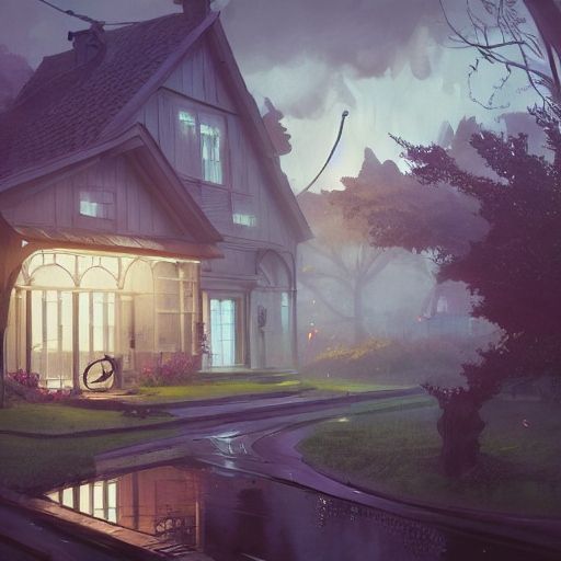 Wooden house with lit porch, foggy yard, and reflecting puddle.