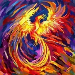 Fiery phoenix with vibrant orange and red plumage against a purple and blue background.
