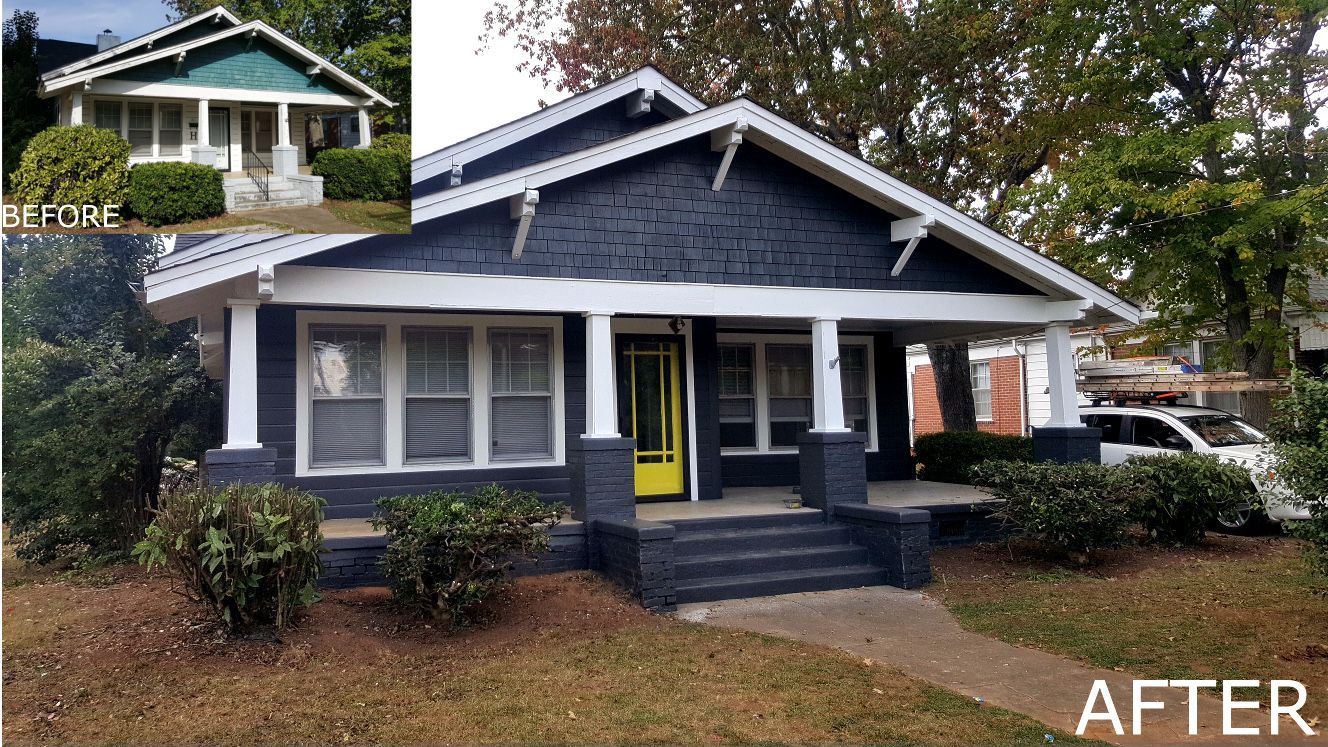 A before and after picture of a house with a yellow door.