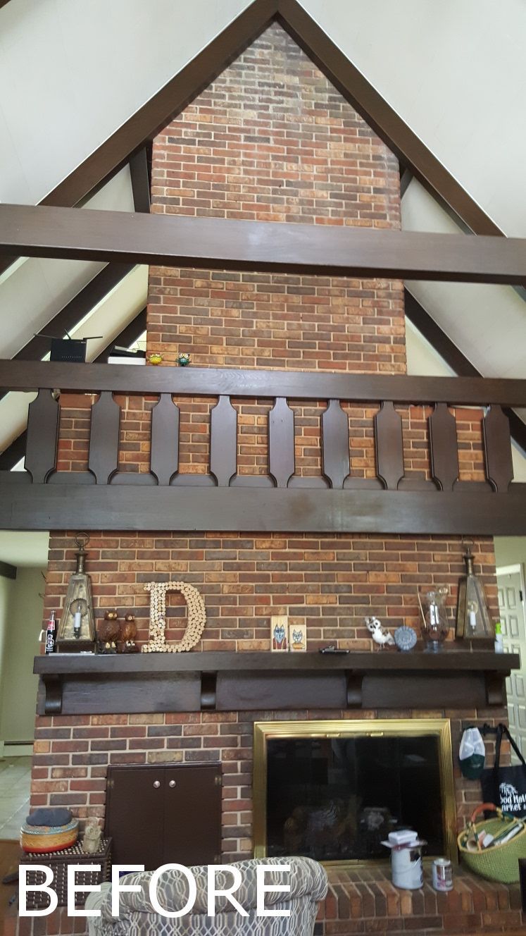 A before picture of a fireplace in a living room