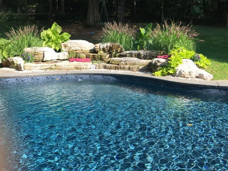a large swimming pool surrounded by rocks and plants