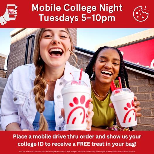 Two smiling women with milkshakes. Chick-fil-A College Night promotion: Tuesdays, 5-10 pm. Get a free treat with a mobile order and college ID.