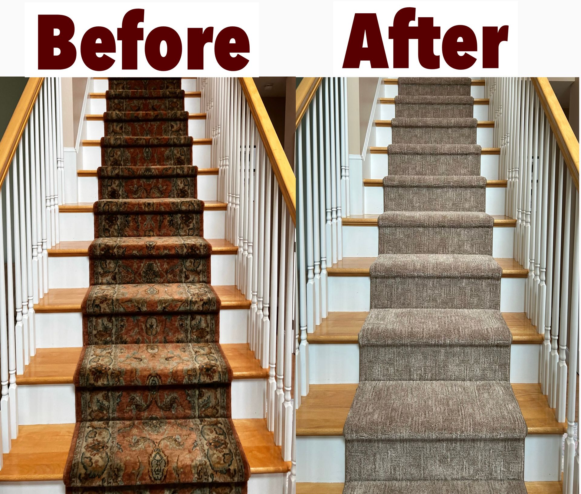 Staircase before and after carpet cleaning. Brown patterned carpet transformed to a lighter, solid color.