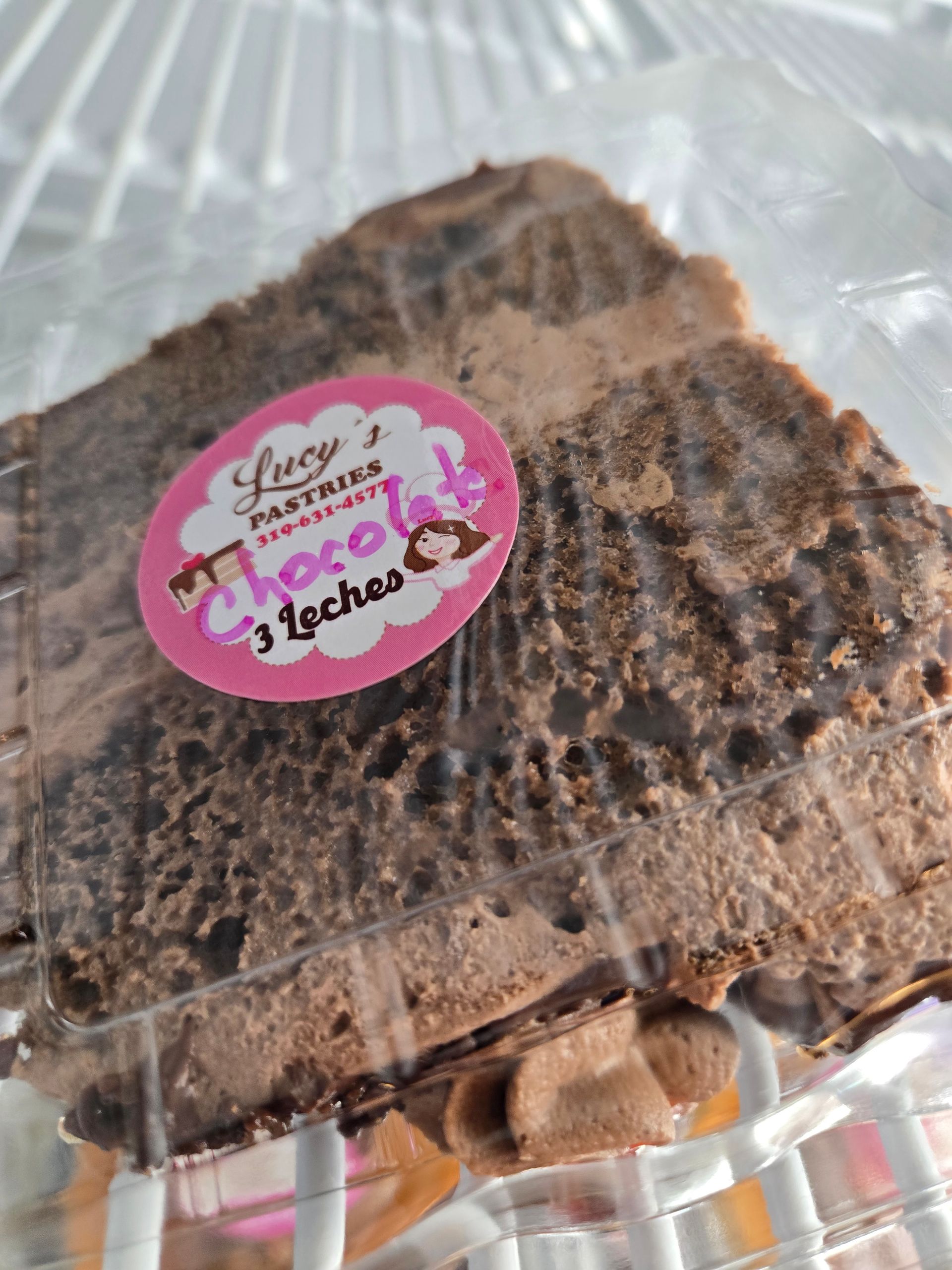 A piece of chocolate cake in a plastic container