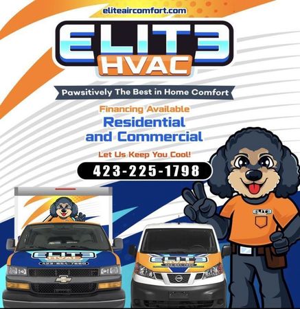 Elite HVAC promotional flyer featuring a mascot dog, two work vans, and contact information, set against an orange background.