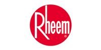 The Rheem company logo featuring white text on a circular red background.