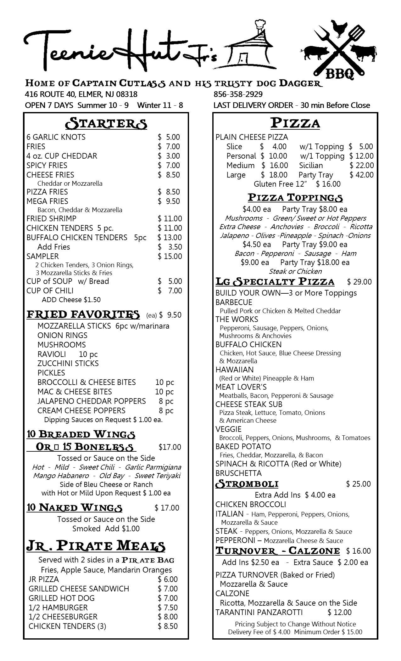 Black-and-white restaurant menu with columns of items and prices, topped by a decorative logo.