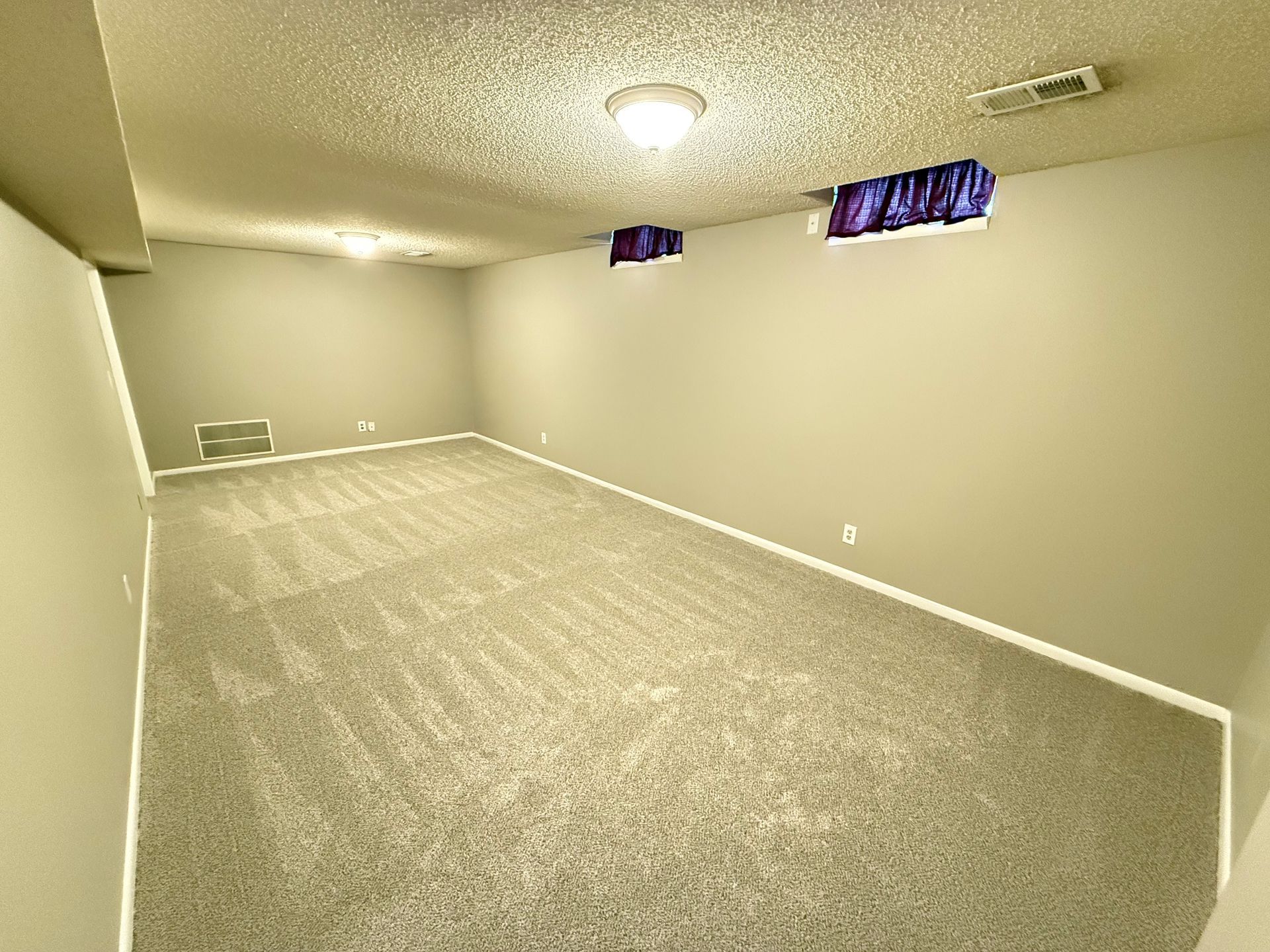 An empty basement with a carpeted floor and a ceiling light.