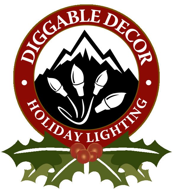 Diggable Decor Holiday Lighting logo with mountain, pine tree lights, and holly leaves on white background