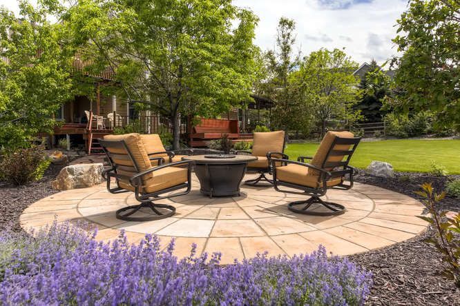 Patio with chairs around a fire pit on a stone circle, surrounded by landscaping and lawn.
