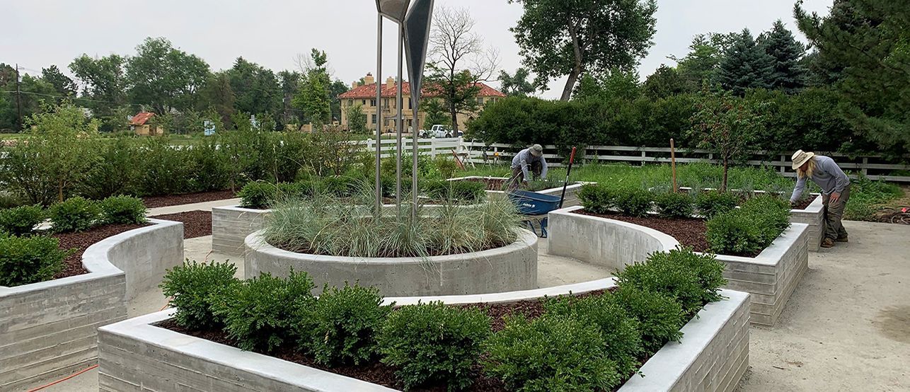 Gardeners tending to spiral, raised flowerbeds with shrubs, gravel paths, and a sculpture, set outdoors.