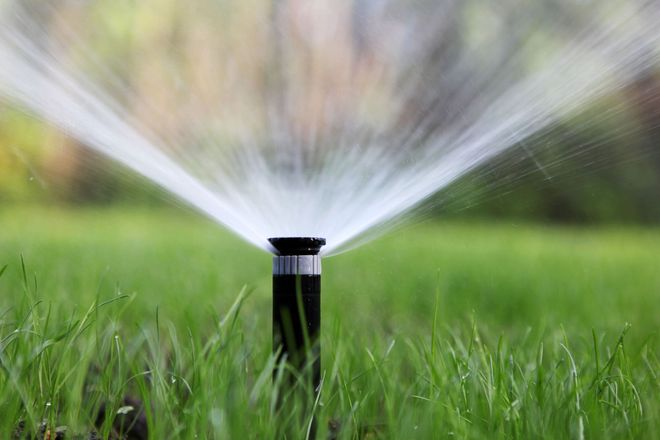 A black pop-up lawn sprinkler spraying water over green grass in a blurred, natural outdoor setting.