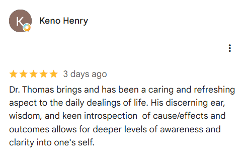 Google review by Keno Henry praising Dr. Thomas, with five gold stars and a 3-day-old timestamp.