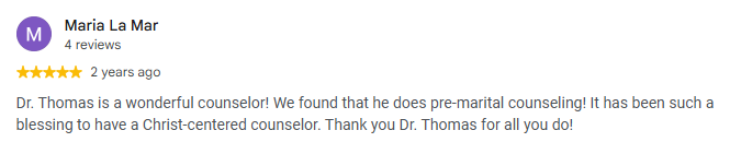 Google review for Dr. Thomas with 5-star rating and testimonial text about wonderful counseling.