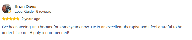 Google review praising therapist Thomas for excellent care and gratitude for helping with an injury.