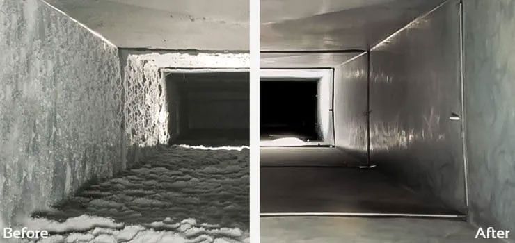 Split-view of a vent duct before and after cleaning, showing heavy dust on the left and a clean interior on the right