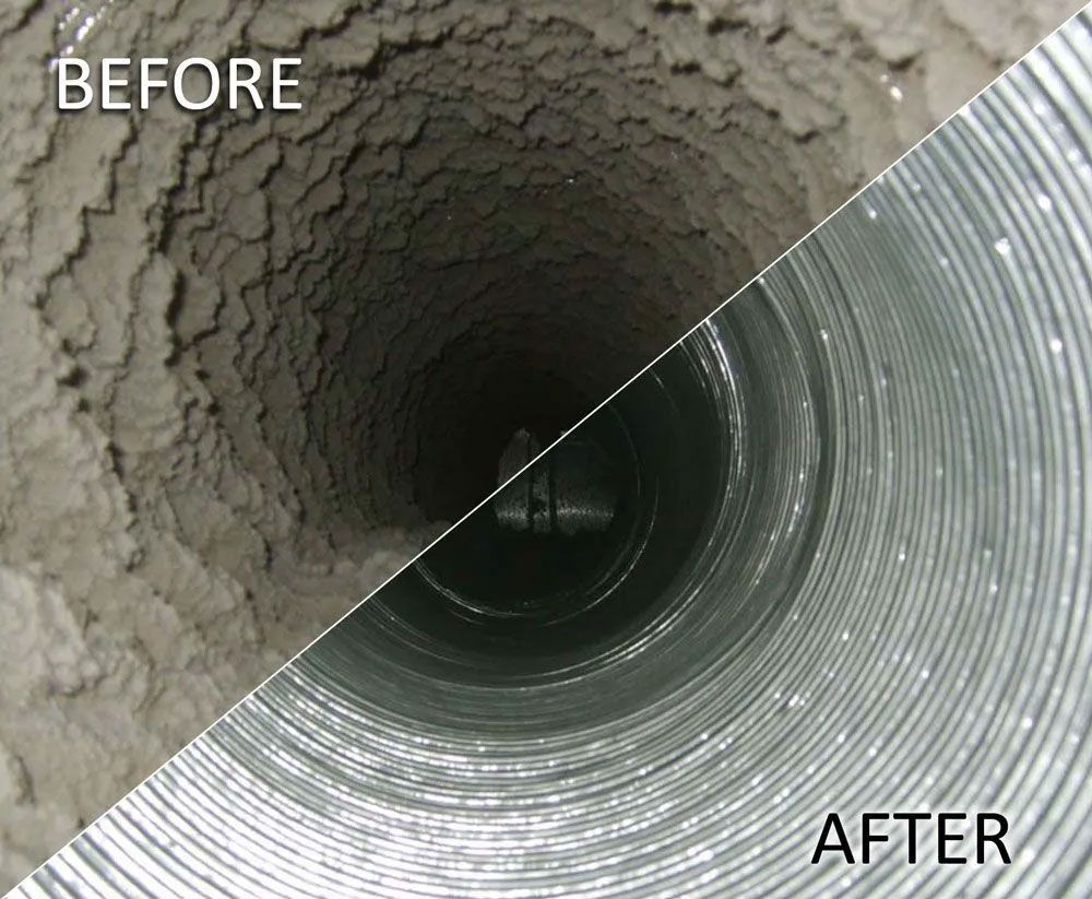 Before-and-after view of a pipe interior: dirty, rough wall on the left and clean, ribbed metal on the right.