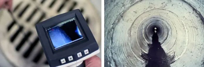 Close-up of a handheld camera screen aimed into a concrete pipe tunnel with a dark figure silhouette.