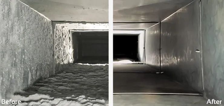 Before-and-after view of an insulated duct, showing rough gray interior on the left and smooth metal on the right