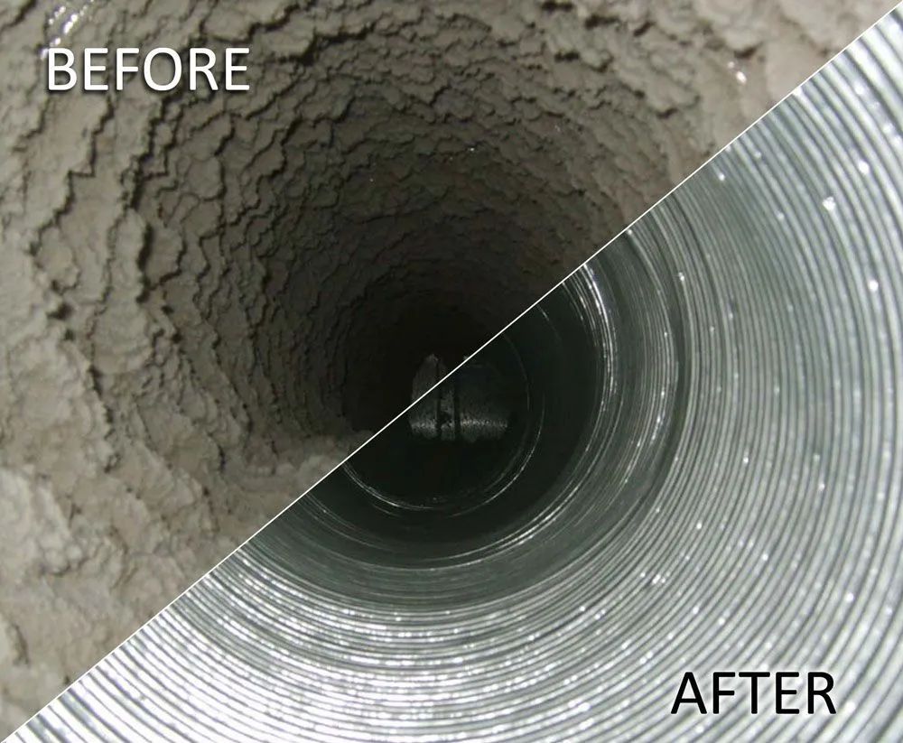 Before-and-after split view of a muddy pipe transformed into a clean metal pipe interior.
