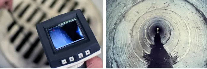 Split-screen: handheld inspection camera and circular view inside a pipe or tunnel