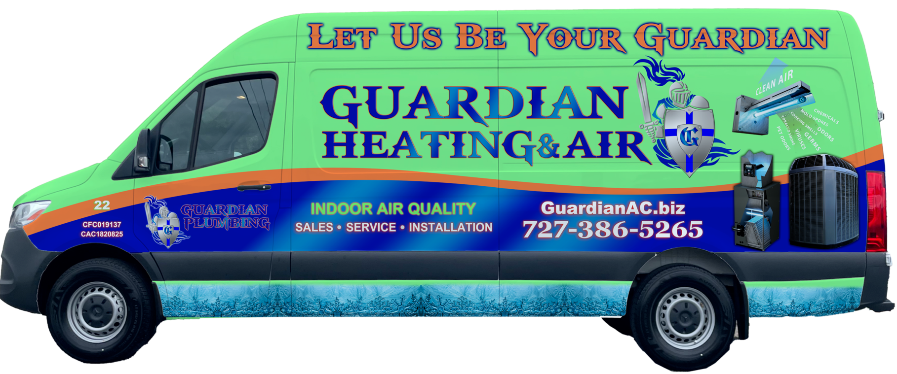 Guardian Heating & Air service van with colorful bird graphics and company contact info