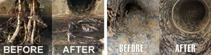 Before-and-after close-ups of a dirty drain hole and a cleaned drain hole.