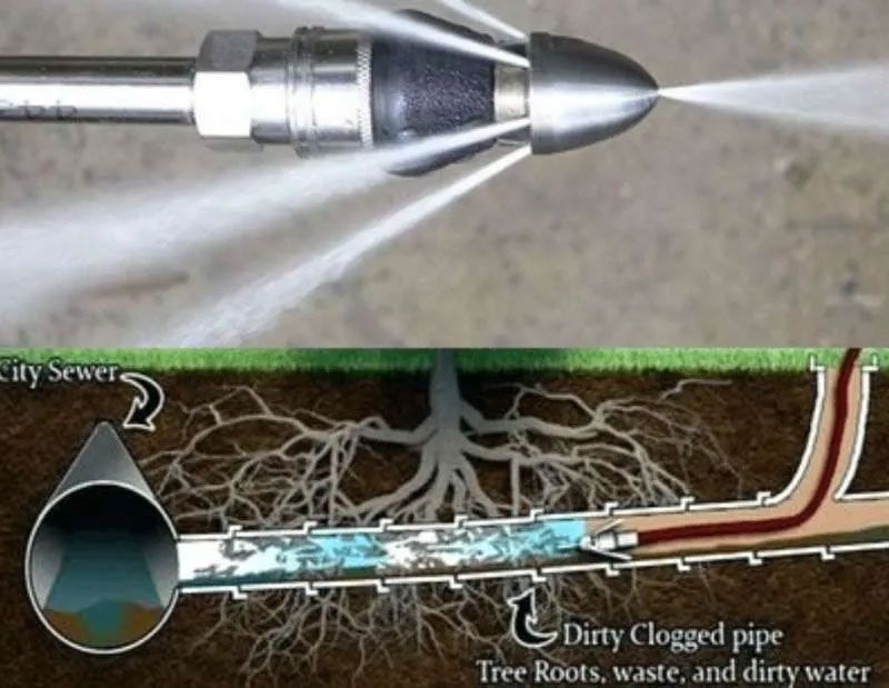 High-pressure sewer jet nozzle spraying water to clear a clogged pipe with roots and debris