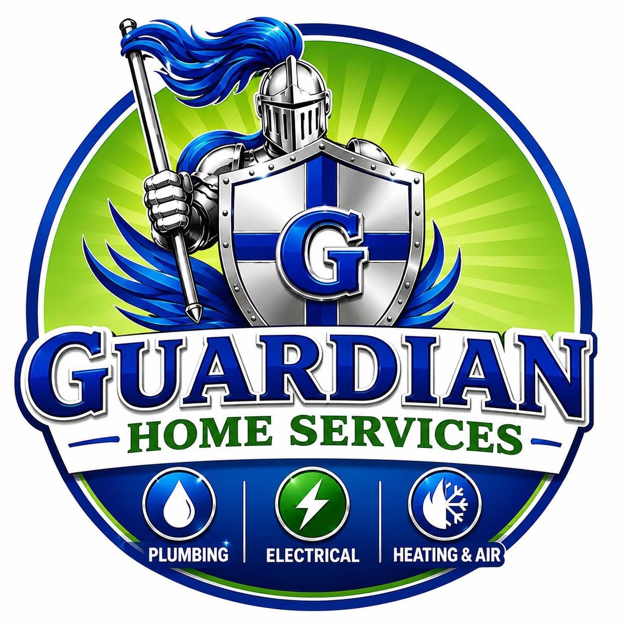 Guardian Home Services logo with knight shield, blue-green colors, and plumbing, electrical, heating icons