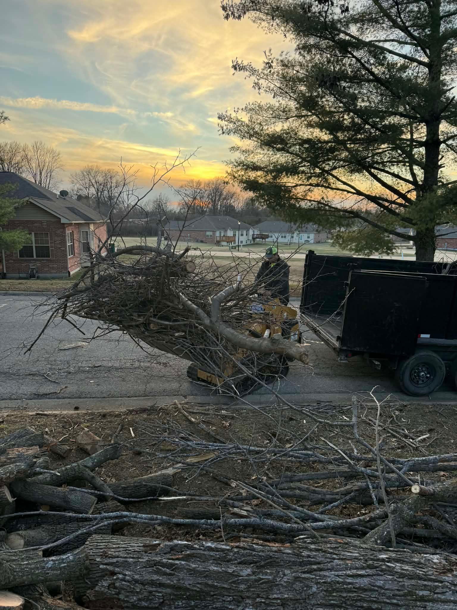 A skid steer loader moves brush into a dump trailer at sunset in a residential area.