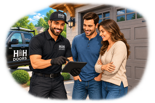 HH Doors worker showing a tablet to a smiling couple outside a house with a service van nearby