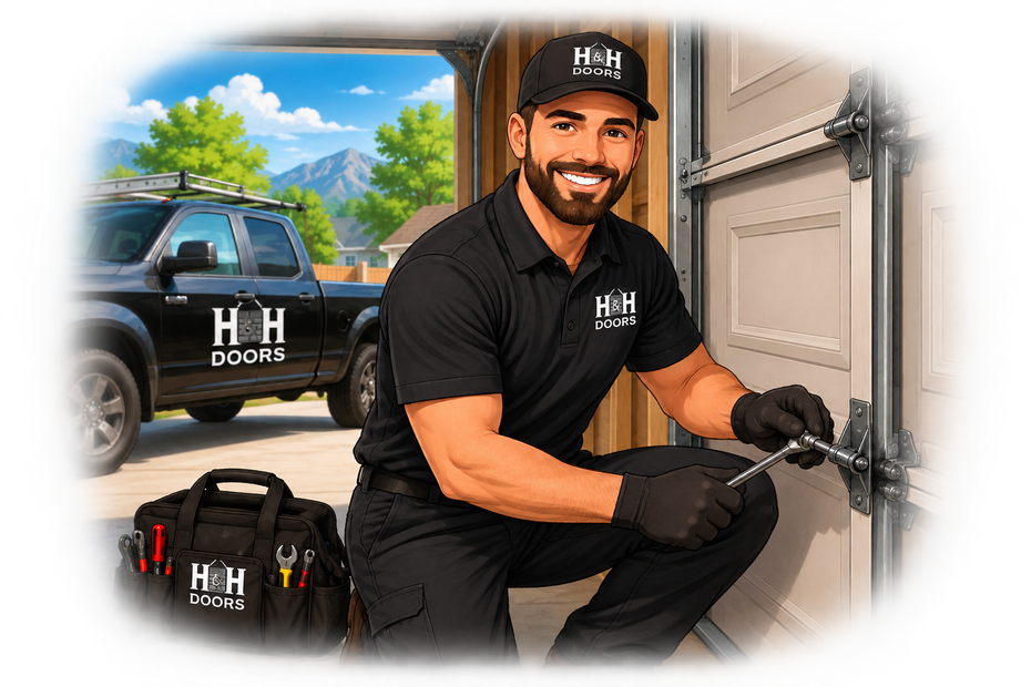 Smiling delivery worker in black uniform kneels beside branded van and bag at a home driveway