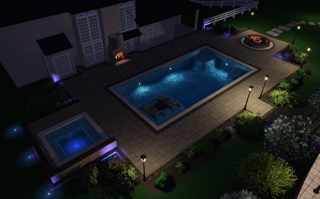 An aerial view of a swimming pool at night