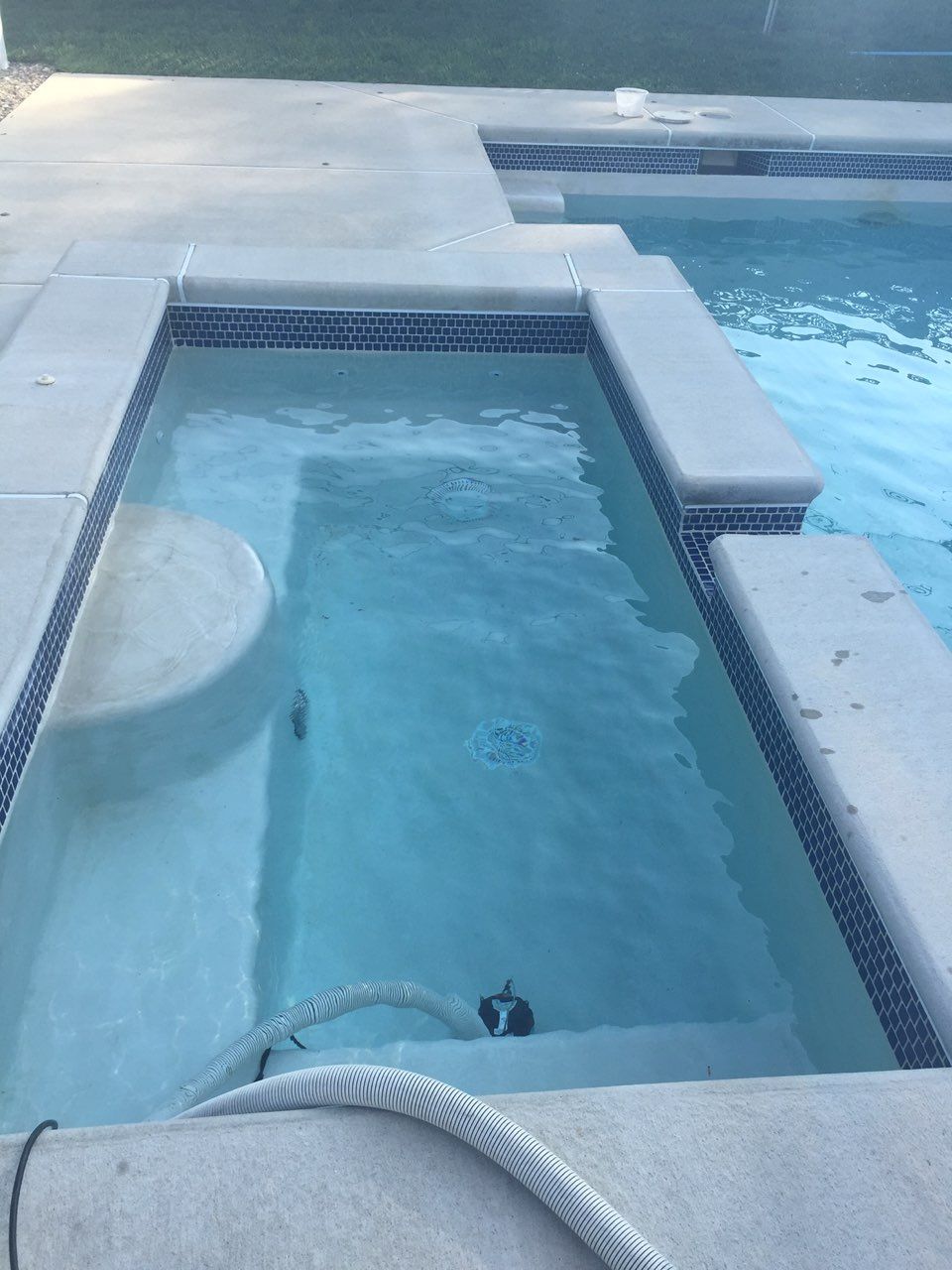 A hose is attached to the edge of a swimming pool.