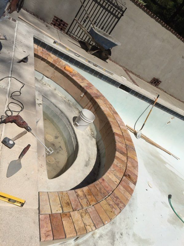 A collage of photos shows a swimming pool under construction