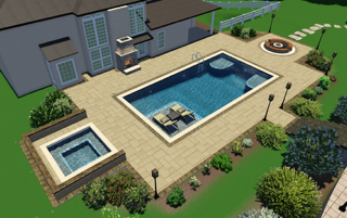 An aerial view of a house with a large swimming pool