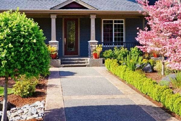 A blue house with pink flowers in front of it