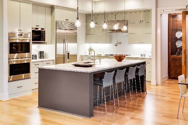 There is a large island in the middle of the kitchen.
