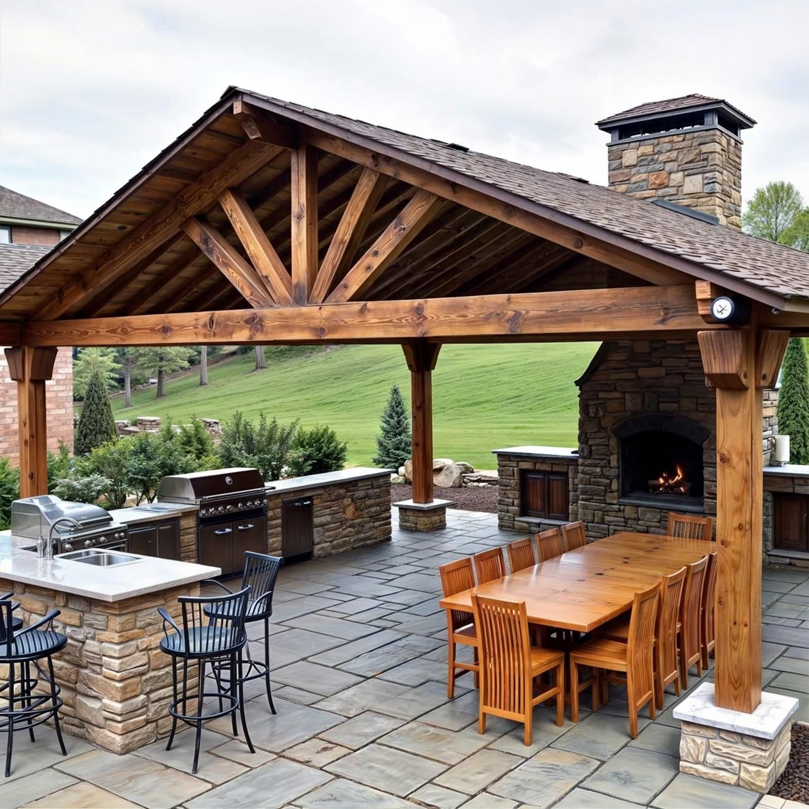 A patio with a table and chairs under a wooden roof