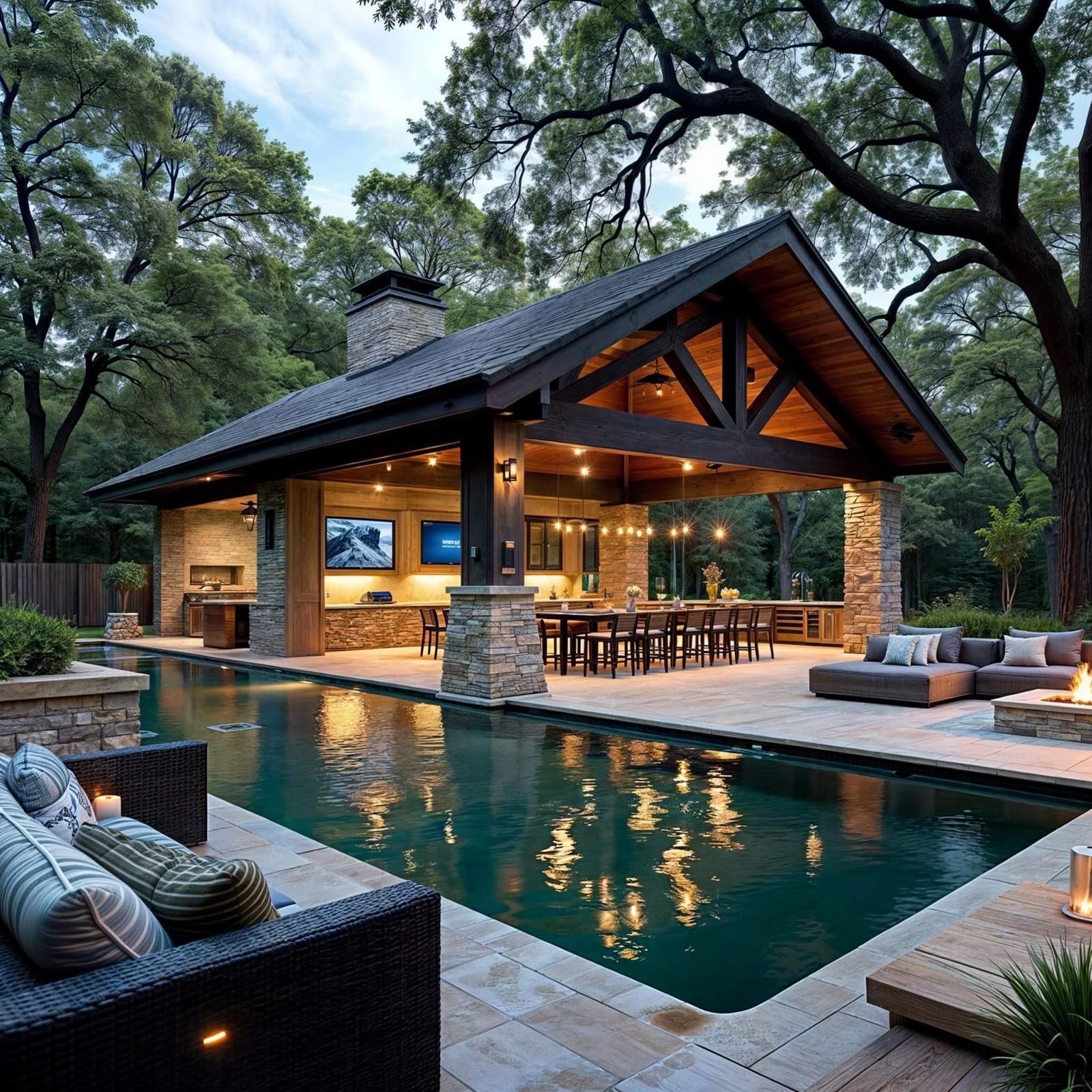 A house with a large swimming pool in front of it