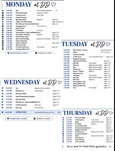 Summer programs flyer with dates for Tumbling Tuesdays, Young Movers, Wild Wednesdays, and summer camps