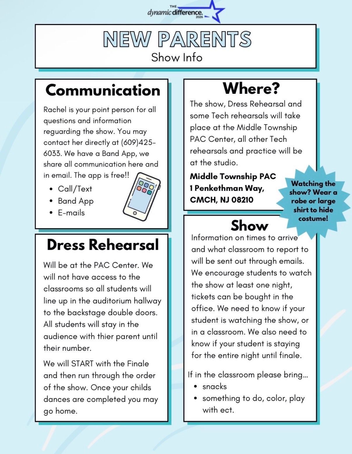 Flyer titled “New Parents” with sections on communication, where, show, and dress rehearsal