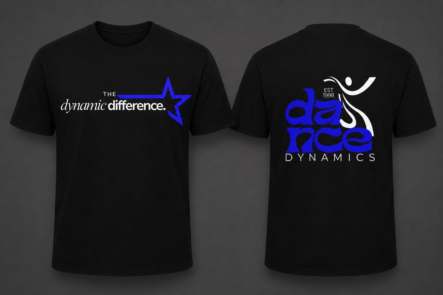 Black T-shirt mockup, front and back, with blue “difference” and “DYNANICS” logos on black background